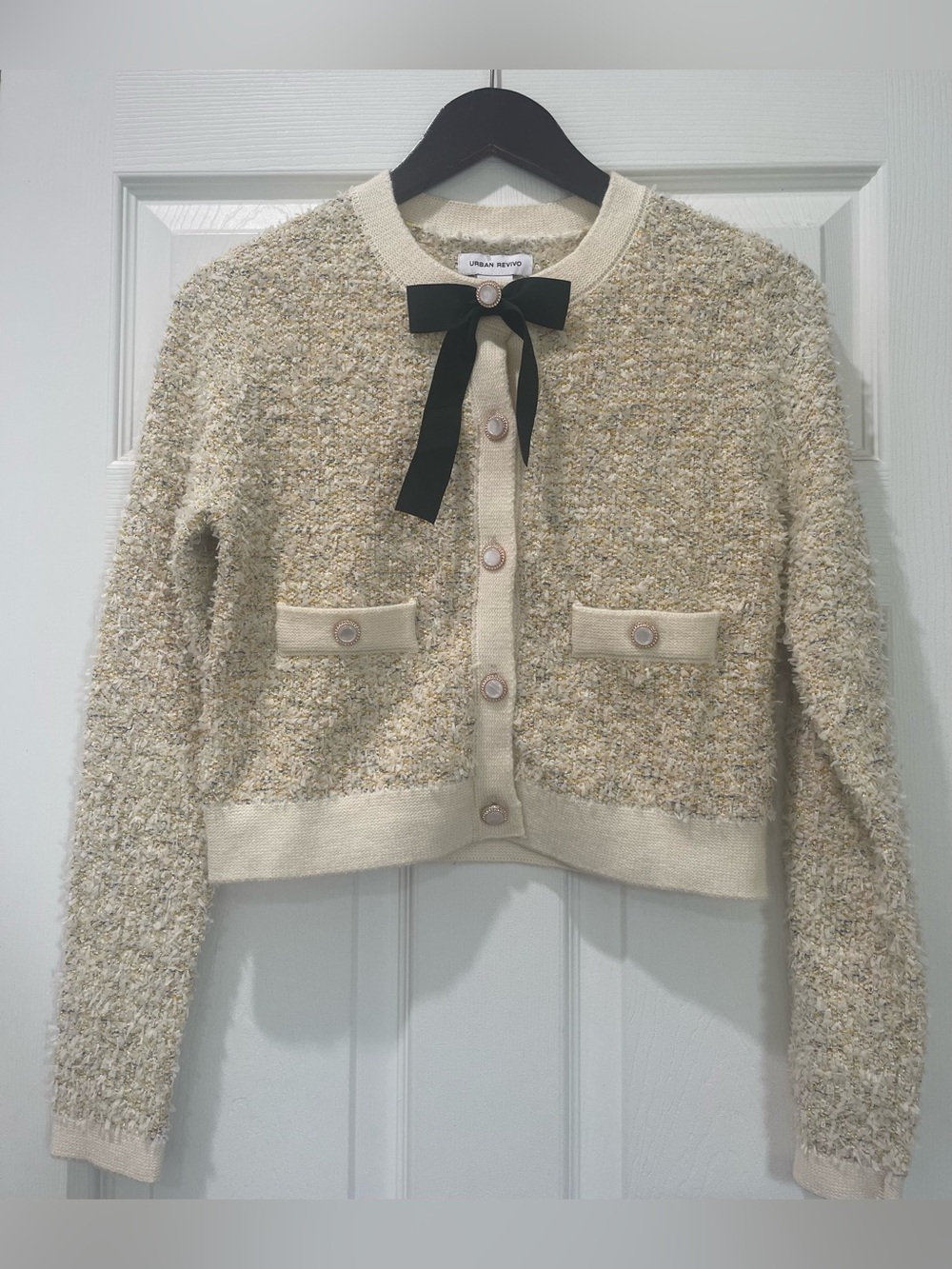 Cream Tweed Cropped Cardigan with Black Bow XS